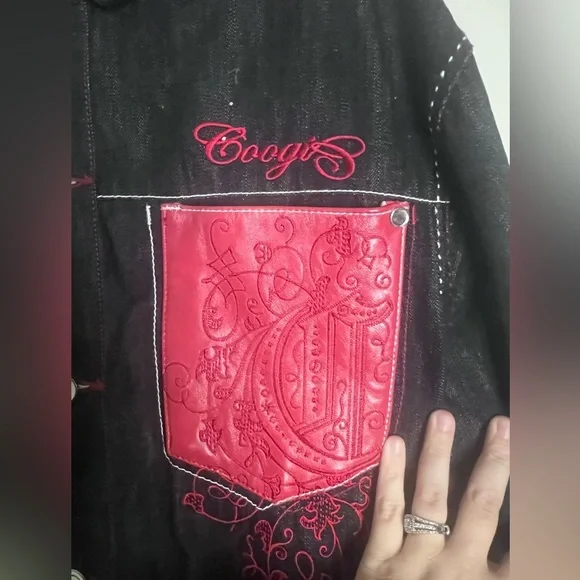 Coogi Red Leather Black Embrodered Denim Jacket - Limited Edition - L - Picture 3 of 6